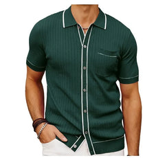 Short-Sleeve Contrast Trim Ribbed Knit Polo Shirt