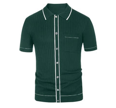 Short-Sleeve Contrast Trim Ribbed Knit Polo Shirt