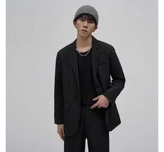Plain Single-Breasted Blazer / Mid Rise Tapered Dress Pants