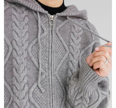 Plain Hooded Cable-Knit Zip Cardigan