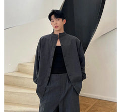 Set: Mock Neck Plain Single Breasted Blazer + Mid Rise Wide Leg Pants + Skirt