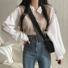 Long-Sleeve Collared Mock Two-Piece Two Tone Knit Panel Ribbed Blouse