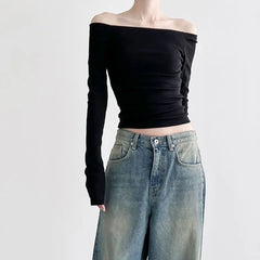 Long Sleeve Off-Shoulder Plain Slim-Fit Top