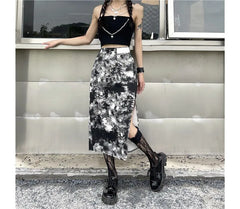High Rise Tie Dye Chain Accent Slit Midi Pencil Skirt