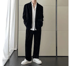 Set: Plain Single-Breasted Blazer + Mid Rise Wide Leg Pants