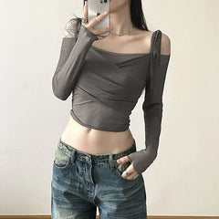Long Sleeve Tie-Strap Off-Shoulder Plain Mesh Crop Top
