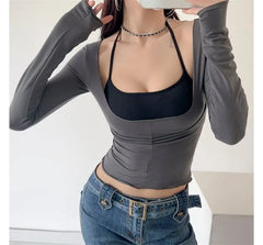 Set: Long-Sleeve Scoop Neck Plain Crop Slim Fit Tee + Halter Bra Top