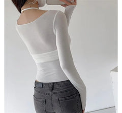 Set: Long-Sleeve Scoop Neck Plain Crop Slim Fit Tee + Halter Bra Top
