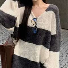 Long-Sleeve V-Neck Striped Sweater / High Rise Plain Wide Leg Pants