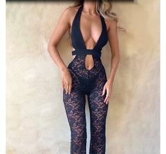 Halter Neck Plunge Plain Lace Panel Cutout See-Through Flared Jumpsuit