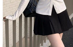 Long-Sleeve Plain Ruched Button-Up Slim Fit Shirt / High Rise Pleated Mini A-Line Skirt