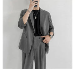 Set: 3/4-Sleeve One-Buttoned Blazer + High Waist Straight Leg Dress Pants