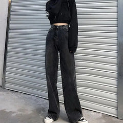 High Rise Washed Straight-Fit Wide-Leg Jeans