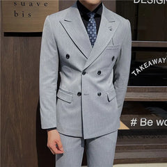 Set: Lapel Collar Double Breasted Blazer + Plain Dress Pants + Vest