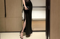 Spaghetti Strap Plain Slit Lace Panel Maxi Sheath Dress