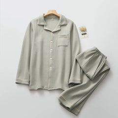 Pajama Set: Long-Sleeve Collared Contrast Trim Shirt + Elastic Waist Straight Leg Pants