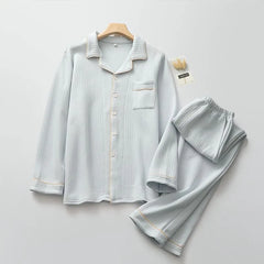 Pajama Set: Long-Sleeve Collared Contrast Trim Shirt + Elastic Waist Straight Leg Pants