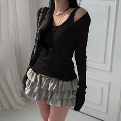 Set: Long-Sleeve Scoop Neck Plain Ribbed T-Shirt + Tank Top