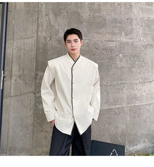 Long Sleeve Contrast Trim Pleated Shirt