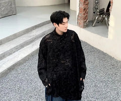 Long-Sleeve Asymmetrical Jacquard Mesh Button-Up Shirt