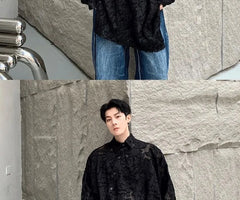 Long-Sleeve Asymmetrical Jacquard Mesh Button-Up Shirt