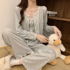 Pajama Set: V-Neck Lace Trim Shirred Camisole Top + Pants + Button-Up Jacket