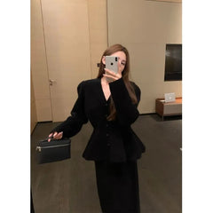 V-Neck Plain Peplum Cardigan / Maxi Pencil Knit Skirt