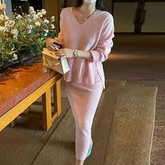 Set: V-Neck Plain Sweater + High Waist Midi Pencil Knit Skirt