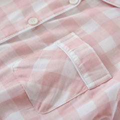 Couple Matching Pajama Set: Long-Sleeve Collared Plaid Shirt + Elastic Waist Straight Leg Pants