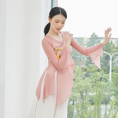 Flared-Sleeve Plain Asymmetrical Dance Top