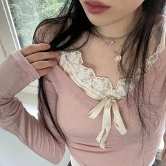 Long-Sleeve Halter Neck Mock Two-Piece Two Tone Lace Panel Slim Fit Crop Top