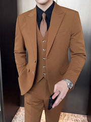 Plain Single-Breasted Blazer / Vest / Mid Rise Tapered Dress Pants / Set