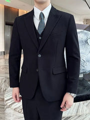 Plain Single-Breasted Blazer / Vest / Mid Rise Tapered Dress Pants / Set