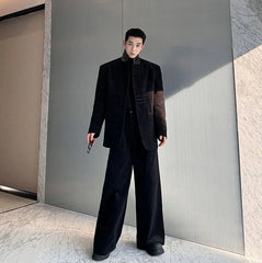 Set: Square Neck Knot Button Blazer + Mid Rise Plain Wide Leg Pants