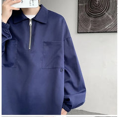 Long-Sleeve Plain Half-Zip Polo-Neck Sweatshirt