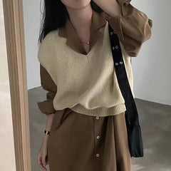 Long-Sleeve Notch Lapel Plain Midi Shirt Dress / V-Neck Sweater Vest