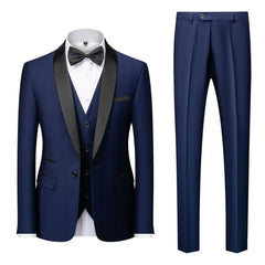 Set: Shawl Lapel Two Tone Single Breasted Blazer + V-Neck Button Vest + Mid Rise Plain Straight Leg Dress Pants