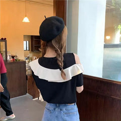 Cold-Shoulder Two-Tone Ruffled Blouse