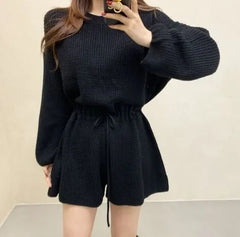 Long-Sleeve Crewneck Knit Wide Leg Romper