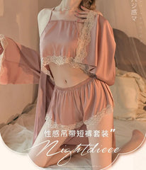 Plain Lace Trim Camisole / Pajama Shorts / Pajama Robe / Set