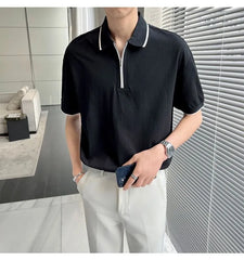 Short-Sleeve Contrast Trim Zip Polo Shirt