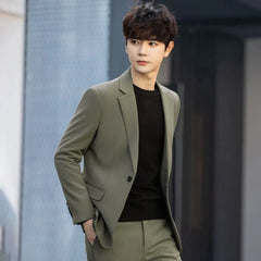 Set: Plain Single-Button Blazer + Mid Rise Tapered Dress Pants