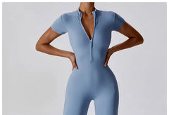 Short-Sleeve Half Zip Plain Sports Jumpsuit