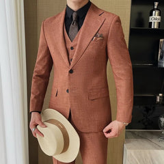 Set: Lapel Collar Melange Single-Breasted Blazer + V-Neck Vest + Mid Rise Straight Leg Dress Pants