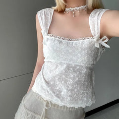 Square-Neck Ribbon Floral Embroidered Crop Tank Top