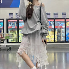 Cold-Shoulder Long-Sleeve Plain Pullover / Spaghetti Strap Plain Lace Trim Mini A-Line Dress