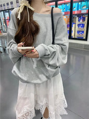 Cold-Shoulder Long-Sleeve Plain Pullover / Spaghetti Strap Plain Lace Trim Mini A-Line Dress