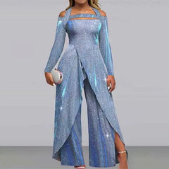 3XL - Long-Sleeve Cold-Shoulder Glitter Asymmetrical Jumpsuit