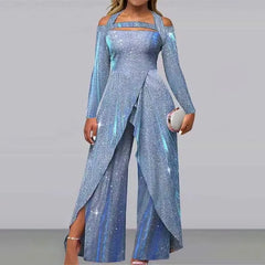 3XL - Long-Sleeve Cold-Shoulder Glitter Asymmetrical Jumpsuit