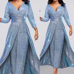 XL - 3/4-Sleeve V-Neck Glitter Jumpsuit